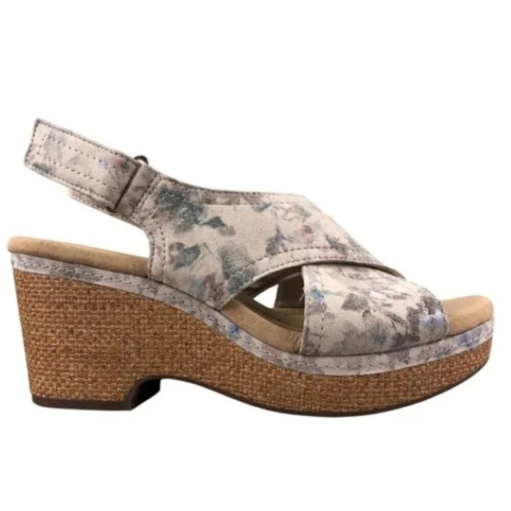 Clarks Giselle Cove Beige Floral Sandals Slingback Neutral Cork Wedges Size 11